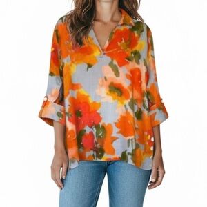 Joie 100% Linen Floral V-Neck Oversized Tunic Blouse